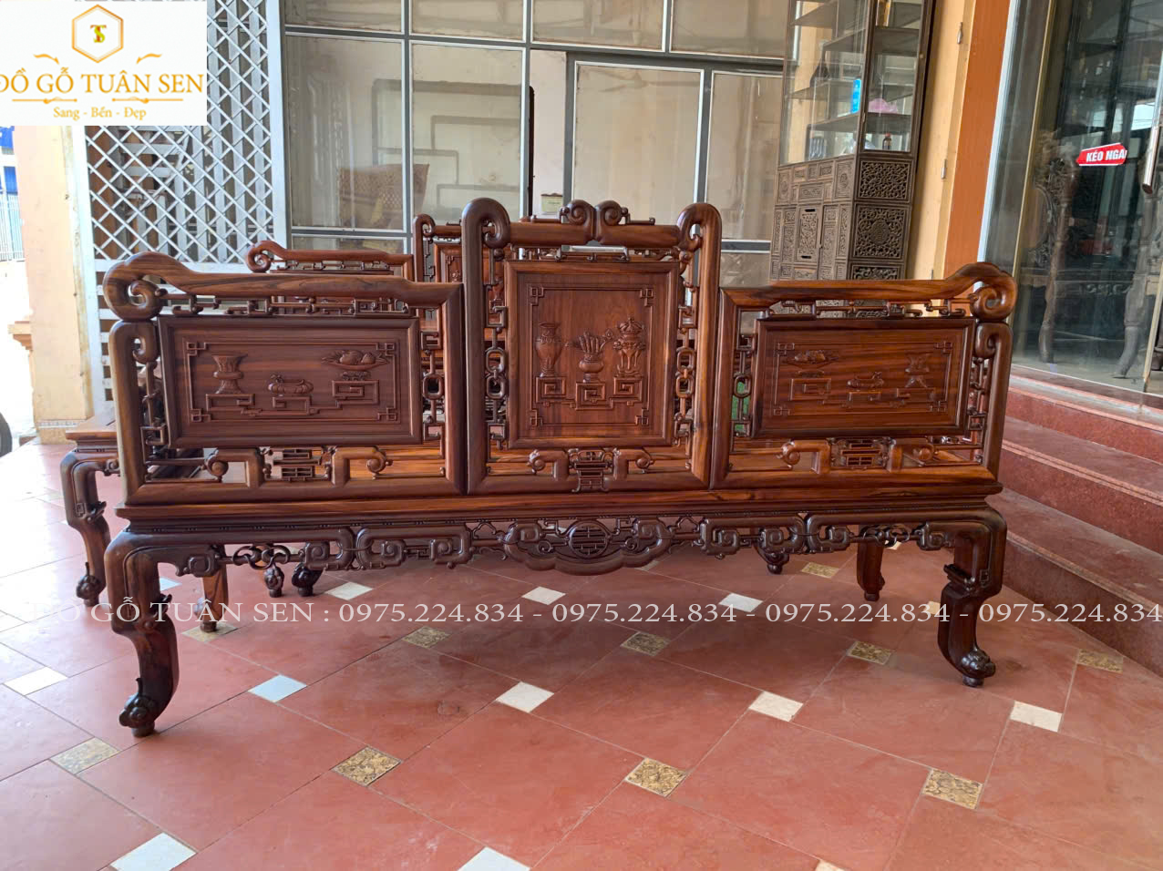 Hình ảnh bộ trường kỷ tam sơn gỗ gụ ta quảng bình 